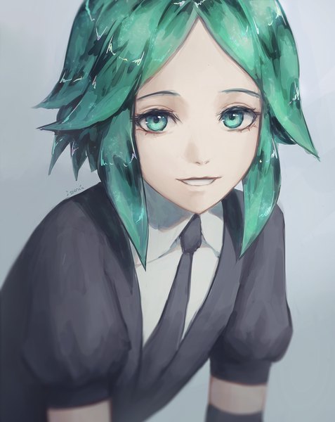 Anime picture 2478x3116 with houseki no kuni phosphophyllite zieru tall image looking at viewer highres short hair simple background smile green eyes upper body green hair grey background sparkle grin androgynous uniform necktie