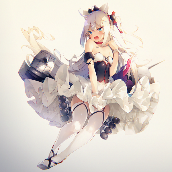 Anime-Bild 1900x1900 mit azur lane hammann (azur lane) yatsuha (hachiyoh) single long hair blush fringe highres breasts open mouth blue eyes light erotic simple background hair between eyes bare shoulders animal ears looking away silver hair full body ahoge