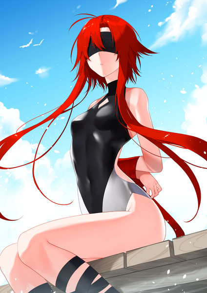 Anime picture 1200x1697 with original waka (shark waka) single long hair tall image fringe breasts light erotic sitting sky cloud (clouds) ahoge outdoors red hair parted lips covered navel hands behind back blindfold bound hands girl