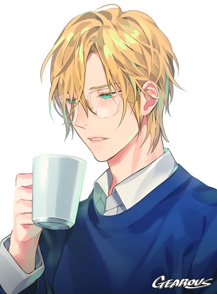 Anime picture 860x1168 with banana fish mappa ash lynx gearous single tall image fringe short hair simple background blonde hair hair between eyes white background holding signed upper body parted lips aqua eyes looking down bespectacled boy