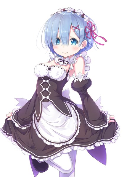 Anime picture 700x1001 with re:zero kara hajimeru isekai seikatsu white fox rem (re:zero) matokechi single tall image looking at viewer blush fringe short hair blue eyes simple background smile white background maid girl dress uniform detached sleeves headdress