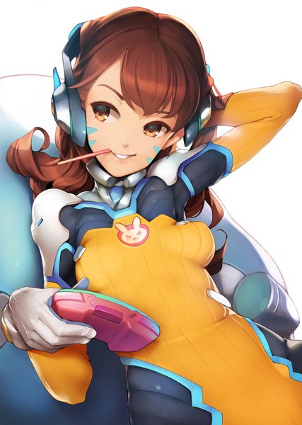 Anime picture 1387x1950 with overwatch blizzard entertainment d.va (overwatch) ataruman single long hair tall image fringe breasts simple background smile brown hair white background brown eyes looking away teeth facial mark whisker markings alternate color girl
