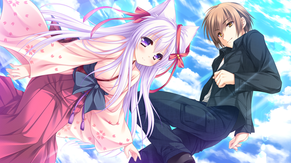 Anime picture 1280x720 with tayutama tayutama 2 lump of sugar mito mashiro long hair short hair brown hair wide image purple eyes brown eyes animal ears game cg sky cloud (clouds) white hair traditional clothes japanese clothes girl boy ribbon (ribbons)