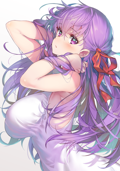 Anime picture 2894x4093 with fate (series) fate/stay night matou sakura hong (white spider) single long hair tall image looking at viewer blush fringe highres breasts open mouth light erotic simple background hair between eyes large breasts white background purple eyes purple hair