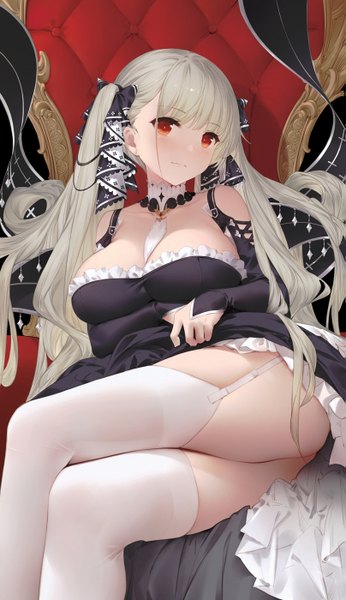 Anime picture 807x1400 with azur lane formidable (azur lane) yijian ma single long hair tall image looking at viewer blush fringe breasts light erotic red eyes large breasts sitting twintails cleavage blunt bangs head tilt grey hair crossed legs
