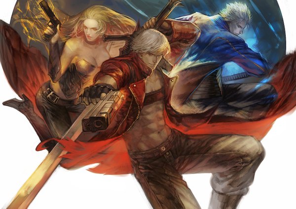 Anime picture 1500x1061 with devil may cry dante (devil may cry) vergil trish etmisa long hair short hair breasts blue eyes blonde hair bare shoulders yellow eyes white hair muscle girl boy navel weapon sword choker