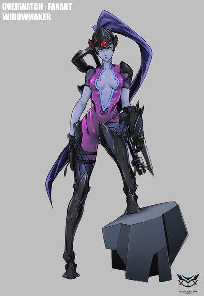 Anime picture 2834x4099 with overwatch blizzard entertainment widowmaker (overwatch) ohmega18 single tall image looking at viewer highres light erotic simple background yellow eyes cleavage purple hair ponytail very long hair lips grey background girl weapon gun