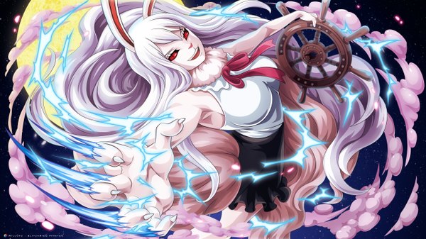 Anime picture 2560x1440 with one piece one piece treasure cruise toei animation carrot (one piece) wasgoed single looking at viewer fringe highres breasts open mouth red eyes wide image signed animal ears cloud (clouds) full body white hair very long hair from above