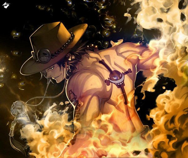 Anime-Bild 1024x860 mit one piece toei animation portgas d. ace katsutake short hair black hair profile tattoo grin looking down muscle boy weapon hat cross beads fire