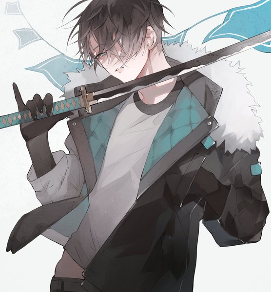 Anime picture 2500x2700 with original kamui (kurohshiro1) single tall image looking at viewer fringe highres short hair blue eyes black hair standing upper body hair over one eye open jacket fur trim hand in pocket pinky out boy gloves weapon