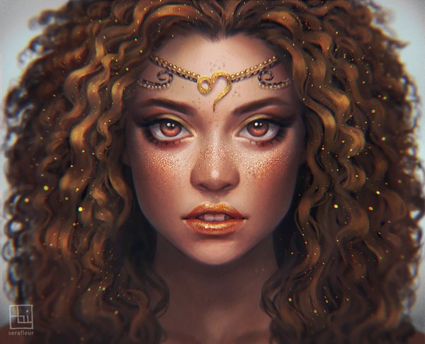 Anime picture 1000x811 with original abigail diaz single long hair looking at viewer brown hair brown eyes signed parted lips realistic teeth sparkle lipstick shiny skin portrait close-up eyeshadow makeup curly hair zodiac