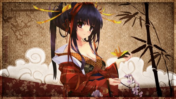 Anime picture 2560x1440 with original eshi 100-nin ten misaki kurehito single long hair looking at viewer blush highres black hair red eyes wide image bare shoulders ponytail traditional clothes japanese clothes framed girl hair ornament flower (flowers) ribbon (ribbons)