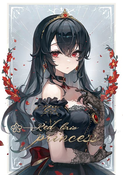 Anime picture 900x1281 with original ttosom single long hair tall image looking at viewer fringe black hair hair between eyes red eyes standing bare shoulders upper body short sleeves text border english outside border girl dress