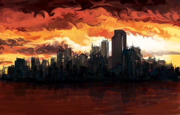 Anime picture 3186x2038 with original fuzzyzebra (artist) highres sky city cityscape panorama water