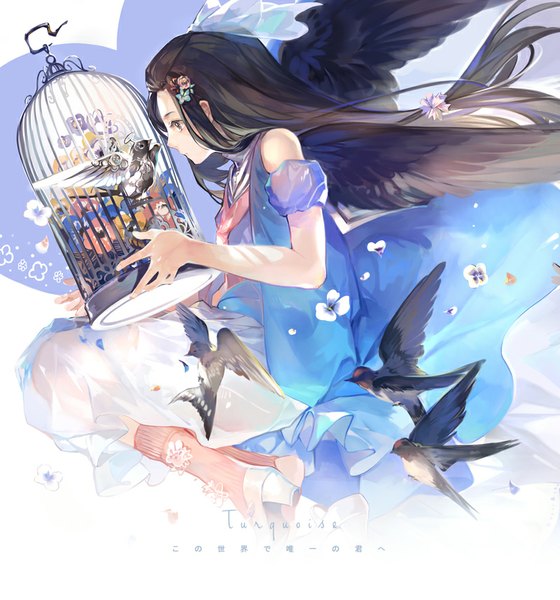 Anime picture 800x857 with original nineo single tall image black hair holding bent knee (knees) profile arm up hair flower black eyes black wings girl flower (flowers) detached sleeves animal petals wings socks shoes