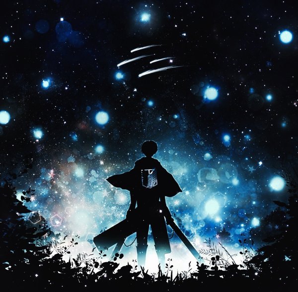 Anime picture 1000x979 with shingeki no kyojin production i.g levi (rivaille) harada miyuki single short hair standing holding full body wind from behind night night sky lens flare silhouette shooting star constellation boy weapon plant (plants)