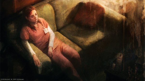 イラスト 1200x671 と silent hill jason chan ソロ 長髪 wide image 座る eyes closed オレンジ髪 nurse 女の子 まくら 血 ソファー