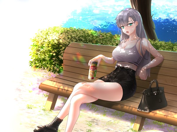 Anime picture 5491x4086 with original rayu (snowwhite ki) single long hair looking at viewer fringe highres breasts open mouth hair between eyes large breasts sitting holding green eyes absurdres cleavage silver hair outdoors mole midriff