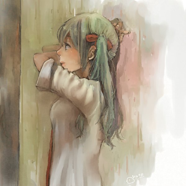 Anime picture 1000x1000 with vocaloid hatsune miku hato (hato sabure) single long hair blush fringe open mouth twintails brown eyes signed profile green hair arms up teeth girl ribbon (ribbons) hair ribbon shirt