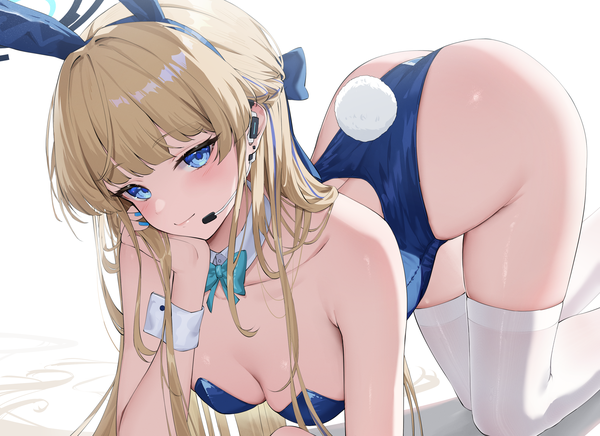 Anime picture 3110x2258 with blue archive toki (blue archive) toki (bunny) (blue archive) rosumerii single looking at viewer blush fringe highres breasts blue eyes light erotic simple background blonde hair white background animal ears absurdres tail blunt bangs very long hair