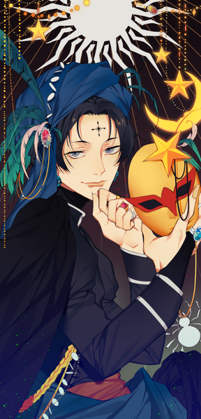 Anime picture 400x832 with hunter x hunter chrollo lucilfer soppaghetti single tall image looking at viewer short hair blue eyes black hair holding light smile alternate costume hand to mouth forehead mark boy earrings headdress star (symbol) feather (feathers) cloak