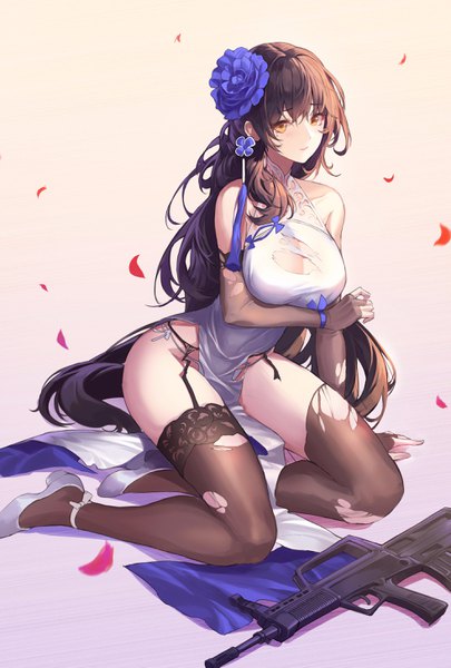 Anime picture 1962x2902 with girls frontline type 95 (girls frontline) type 95 (narcissus) (girls frontline) peulopi single long hair tall image looking at viewer blush fringe highres breasts light erotic simple background hair between eyes brown hair large breasts sitting bare shoulders yellow eyes