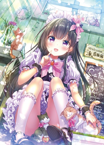 Anime picture 2591x3624 with original sakura moyon single long hair tall image looking at viewer blush fringe highres open mouth light erotic black hair smile sitting purple eyes indoors :d maid dutch angle puffy sleeves