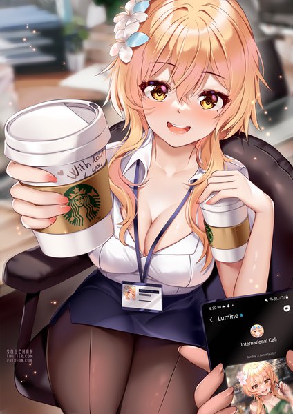 Anime picture 884x1250 with genshin impact starbucks lumine (genshin impact) squchan long hair tall image looking at viewer blush fringe breasts open mouth light erotic blonde hair smile hair between eyes large breasts sitting holding signed yellow eyes