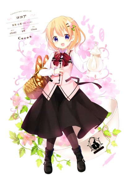 Anime picture 4601x6778 with gochuumon wa usagi desu ka? white fox hoto cocoa koi (koisan) single tall image looking at viewer blush highres short hair open mouth blonde hair smile purple eyes absurdres scan girl dress boots cup