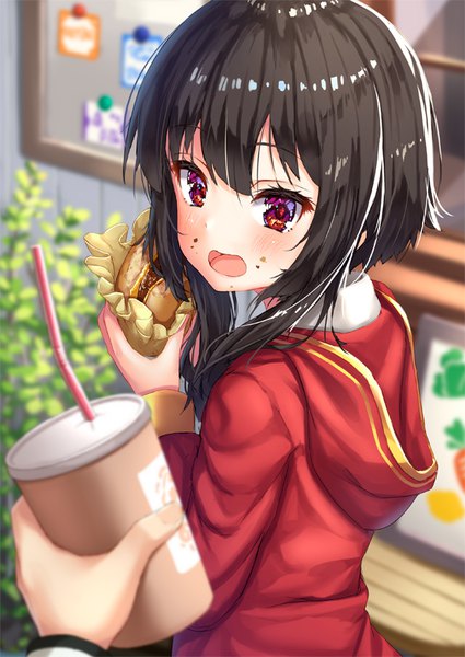 Anime picture 567x800 with kono subarashii sekai ni shukufuku wo! studio deen megumin pensuke tall image looking at viewer blush fringe short hair open mouth black hair hair between eyes red eyes standing holding payot looking back solo focus eating pov