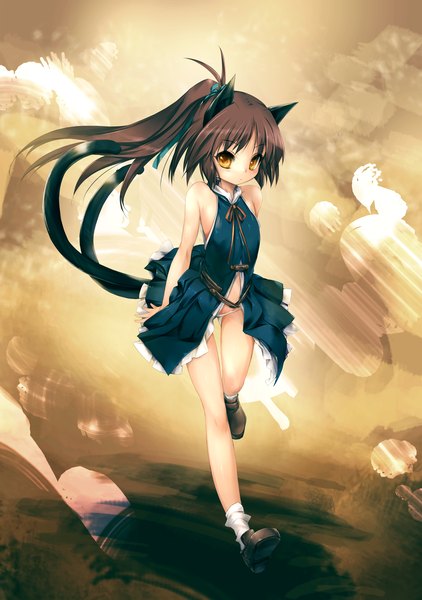 Anime picture 1600x2272 with original hitomaru single long hair tall image looking at viewer light erotic brown hair bare shoulders brown eyes ponytail tail animal tail cat girl cat tail girl dress socks white socks
