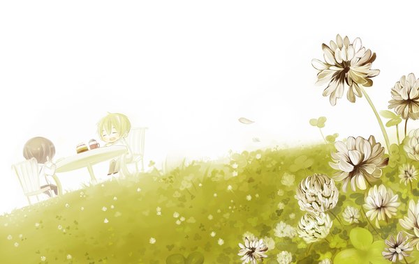 Anime picture 2000x1264 with axis powers hetalia studio deen united kingdom (hetalia) japan (hetalia) highres white background chibi field flower (flowers) sweets cake clover (plant)