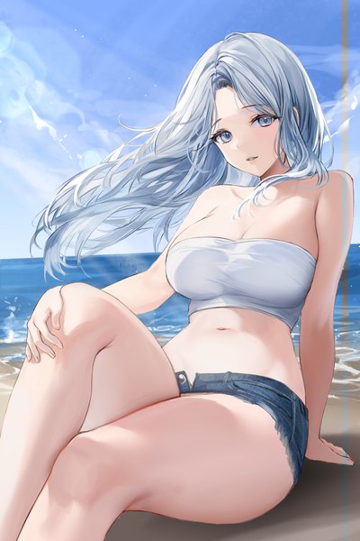 Anime picture 4000x6000 with original lillly single long hair tall image looking at viewer fringe highres breasts open mouth blue eyes light erotic large breasts sitting absurdres sky silver hair cloud (clouds) bent knee (knees) outdoors