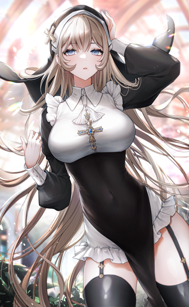 Anime picture 2694x4383 with original clearpage single long hair tall image looking at viewer fringe highres breasts blue eyes light erotic blonde hair hair between eyes standing long sleeves parted lips arm up blurry mole dutch angle