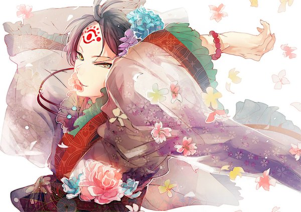 Anime picture 800x566 with hoozuki no reitetsu wit studio hakutaku (hoozuki no reitetsu) ihiro single looking at viewer short hair black hair white background holding yellow eyes traditional clothes hair flower from above mouth hold facial mark chinese clothes arms behind head flower in mouth boy