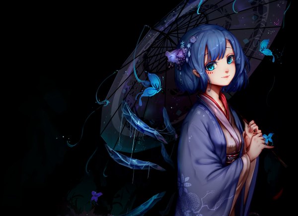 Anime picture 2747x2000 with touhou cirno kiyomasa ren single looking at viewer highres short hair blue eyes blue hair traditional clothes japanese clothes hair flower dark background girl flower (flowers) kimono insect butterfly umbrella oriental umbrella