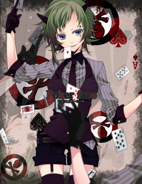 Anime picture 1067x1377 with vocaloid poker face (vocaloid) gumi manyako (mohumohu) single tall image short hair blue eyes horn (horns) green hair mouth hold face paint formal girl gloves necktie shorts garter straps vest card (cards)