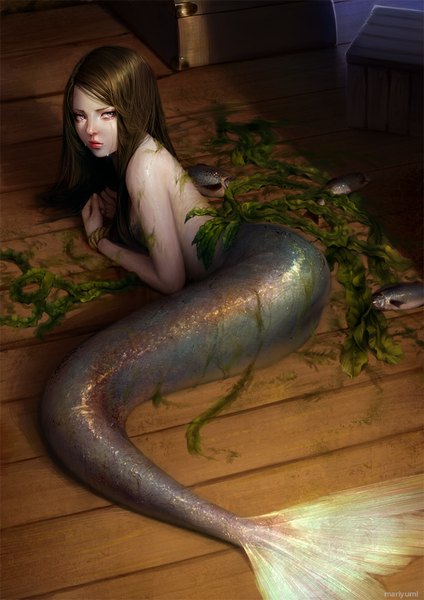 Anime picture 620x877 with maria menshikova single long hair tall image light erotic purple eyes looking away lips arm support tears on side topless reclining crying sad girl animal fish (fishes) mermaid algae