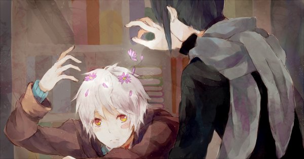 Anime picture 1300x684 with no.6 studio bones nezumi (no.6) shion (no.6) short hair black hair wide image yellow eyes white hair boy flower (flowers) jacket scarf