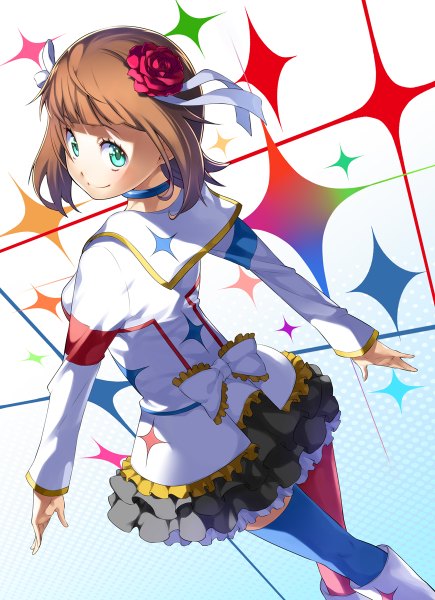 Anime picture 870x1200 with idolmaster idolmaster movie amami haruka yuuzii single tall image looking at viewer fringe short hair smile brown hair looking back aqua eyes from above sparkle different thighhighs girl thighhighs hair ornament choker