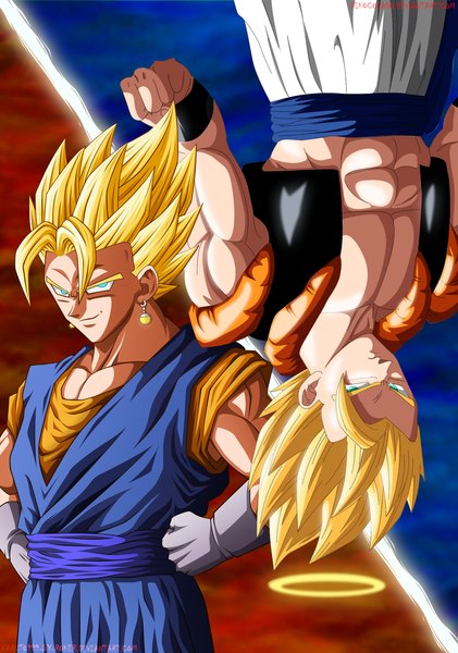 Anime picture 1625x2317 with dragon ball dragon ball z vegeta gogeta naruto999-by-roker long hair tall image blonde hair smile aqua eyes multiple boys coloring muscle hands on hips boy gloves earrings 2 boys halo wristlet