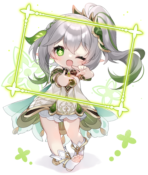 Anime picture 1895x2245 with genshin impact nahida (genshin impact) yuni (irohasuiroiro) single long hair tall image looking at viewer fringe highres open mouth hair between eyes green eyes silver hair full body one eye closed pointy ears wink magic side ponytail symbol-shaped pupils