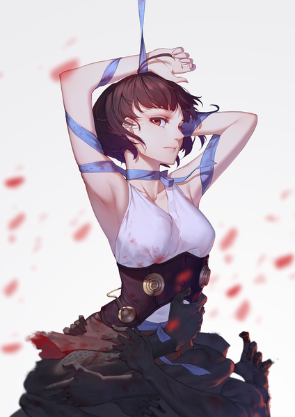 Anime picture 1240x1754 with koutetsujou no kabaneri wit studio mumei (kabaneri) daye bie qia lian single tall image looking at viewer fringe short hair black hair red eyes bare shoulders ahoge lips armpit (armpits) sleeveless halterneck underbust restrained girl