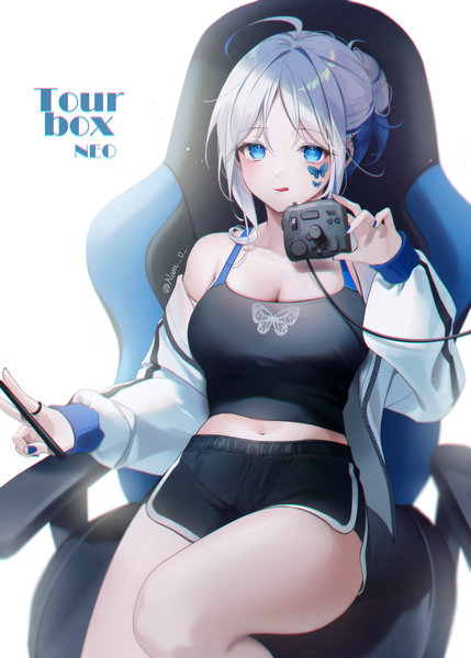 Anime picture 3000x4200 with tourbox original naru single tall image looking at viewer blush fringe highres short hair breasts blue eyes sitting bare shoulders holding signed payot blue hair cleavage silver hair