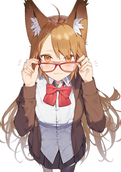Anime-Bild 3035x4299 mit original kitada mo single long hair tall image looking at viewer blush fringe highres simple background brown hair standing white background animal ears absurdres ahoge long sleeves open clothes arms up orange eyes