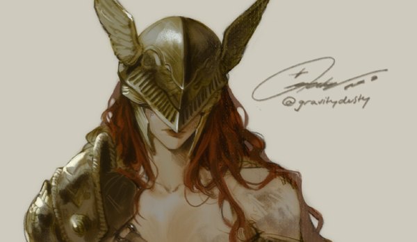 Anime-Bild 2100x1220 mit elden ring malenia blade of miquella gravitydusty single long hair highres simple background wide image signed upper body red hair grey background twitter username girl armor helmet prosthesis