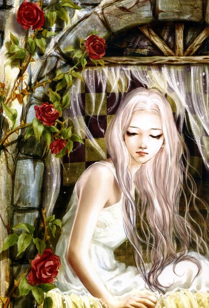 Anime picture 2043x3000 with original eno (artist) single long hair tall image highres sitting white hair multicolored hair black eyes looking down gradient hair checkered girl dress flower (flowers) window white dress rose (roses) curtains