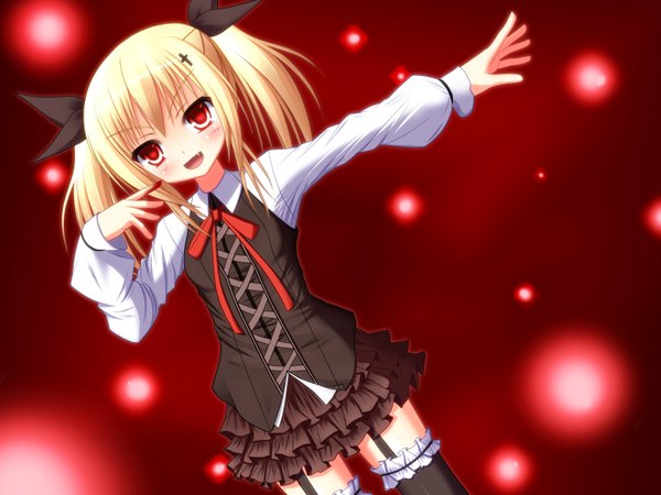 Anime picture 1600x1200 with original nyarumi open mouth blonde hair red eyes twintails red background girl thighhighs skirt bow hair bow miniskirt blood