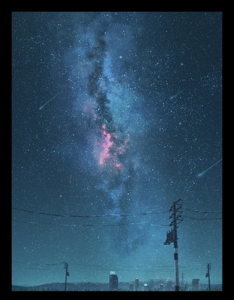 Anime picture 3774x4831 with original lxc tall image highres absurdres night night sky border no people landscape shooting star milky way star (stars) power lines