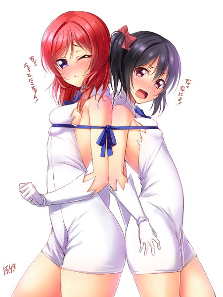 Anime picture 1131x1504 with love live! school idol project sunrise (studio) love live! nishikino maki yazawa nico yu-ta tall image looking at viewer blush short hair breasts open mouth light erotic black hair simple background red eyes standing white background purple eyes twintails